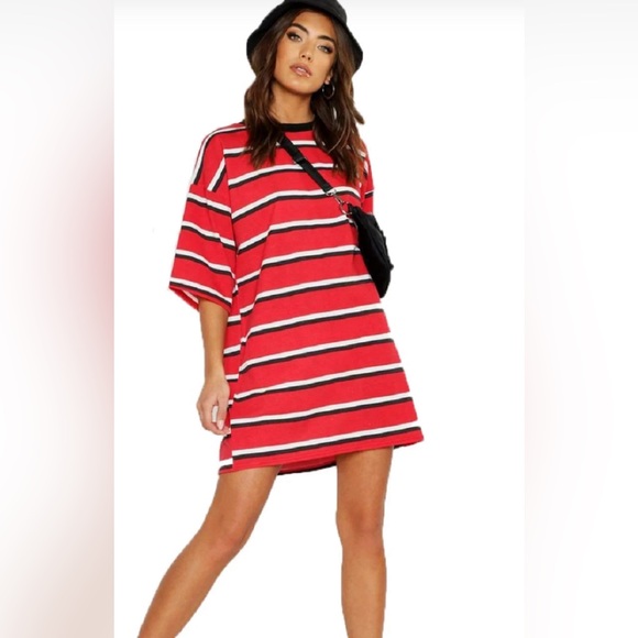 💥LAST CALL💥 PRETTYLITTLETHING Stripe Oversize Boyfriend T-Shirt Dress Sz 8 Top - Picture 2 of 8